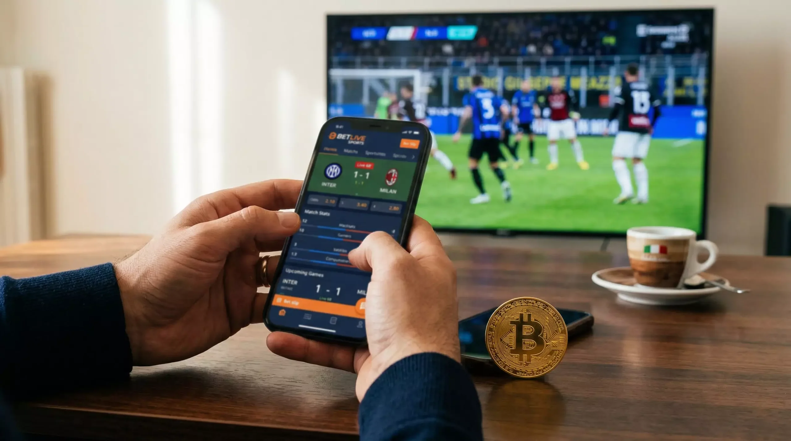 Scena realistica di scommesse sportive con Bitcoin in Italia con laptop e simbolo BTC