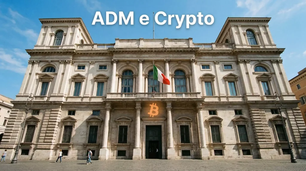 ADM e criptovalute: edificio istituzionale italiano con simbolo blockchain