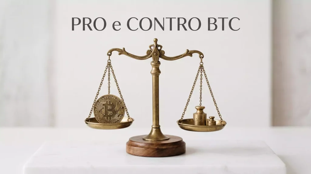 Bitcoin scommesse pro e contro: bilancia con simbolo Bitcoin e pro/contro