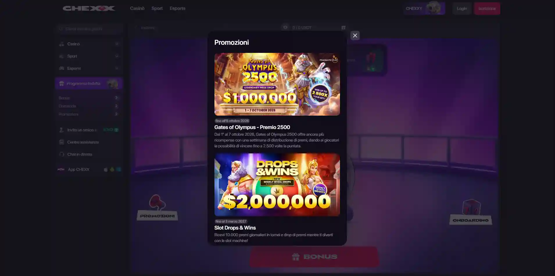Pacchetto CHEXX con tre livelli di bonus e giri gratis