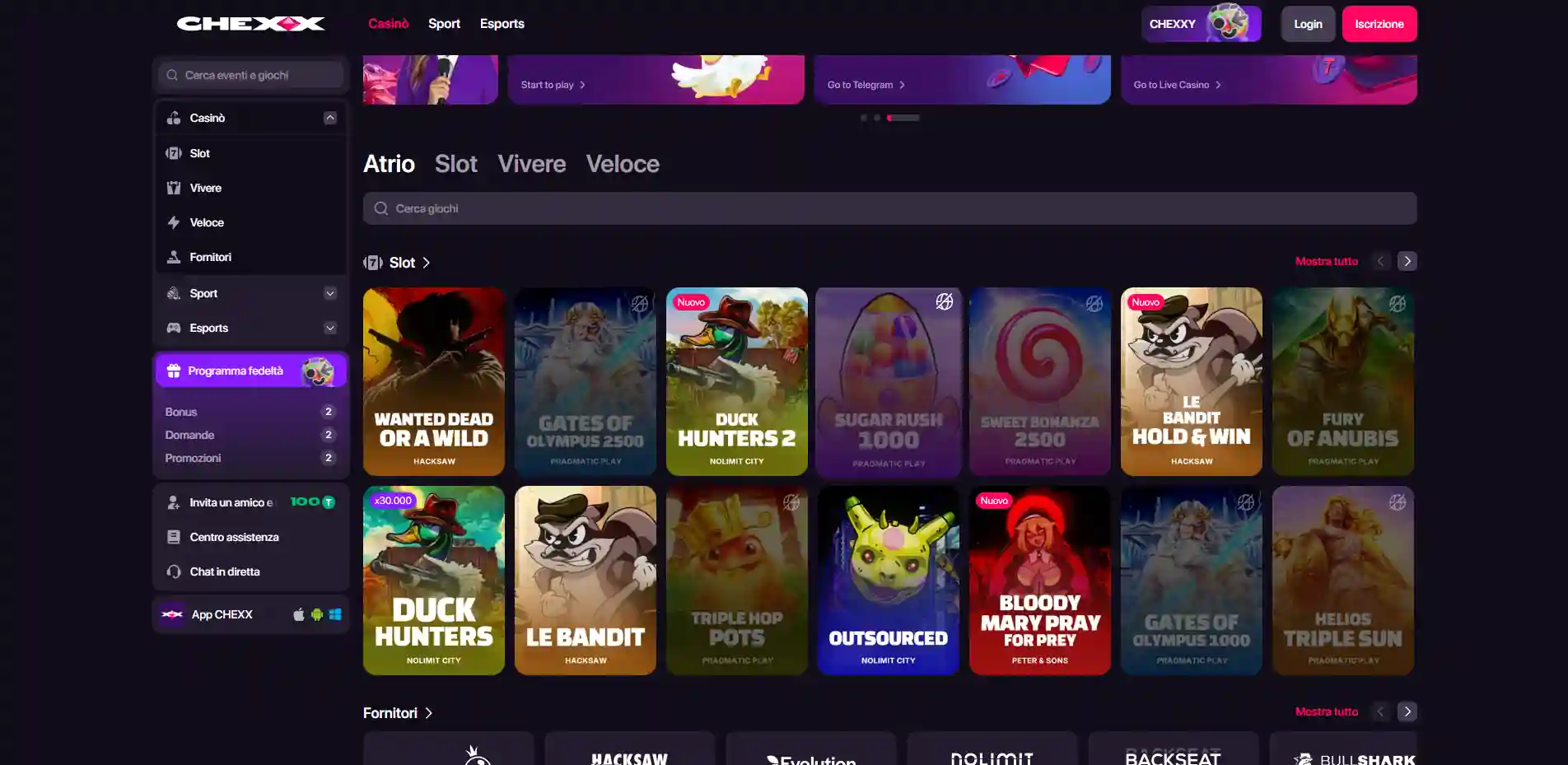 Lobby CHEXX con categorie casin&ograve;, filtri e griglia giochi