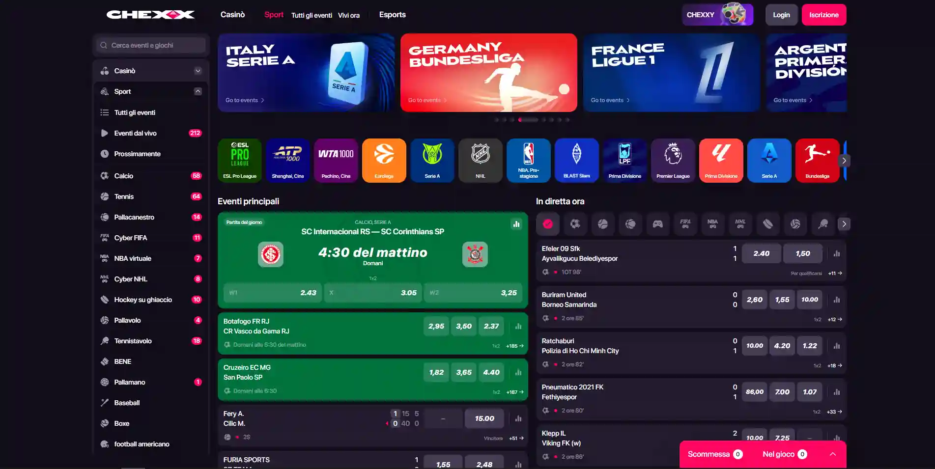 Palinsesto CHEXX con discipline esport, eventi e quote sportive