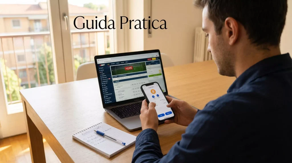 Guida pratica per scommettere con Bitcoin: persona con smartphone e wallet crypto