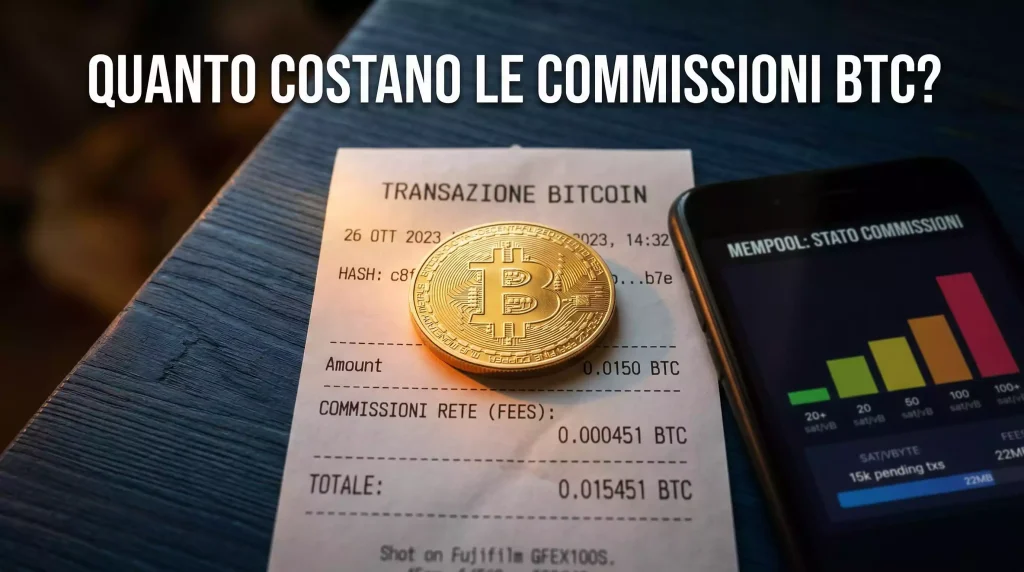 Commissioni Bitcoin per scommesse sportive: monete BTC e ricevuta di transazione su sfondo tecnologico