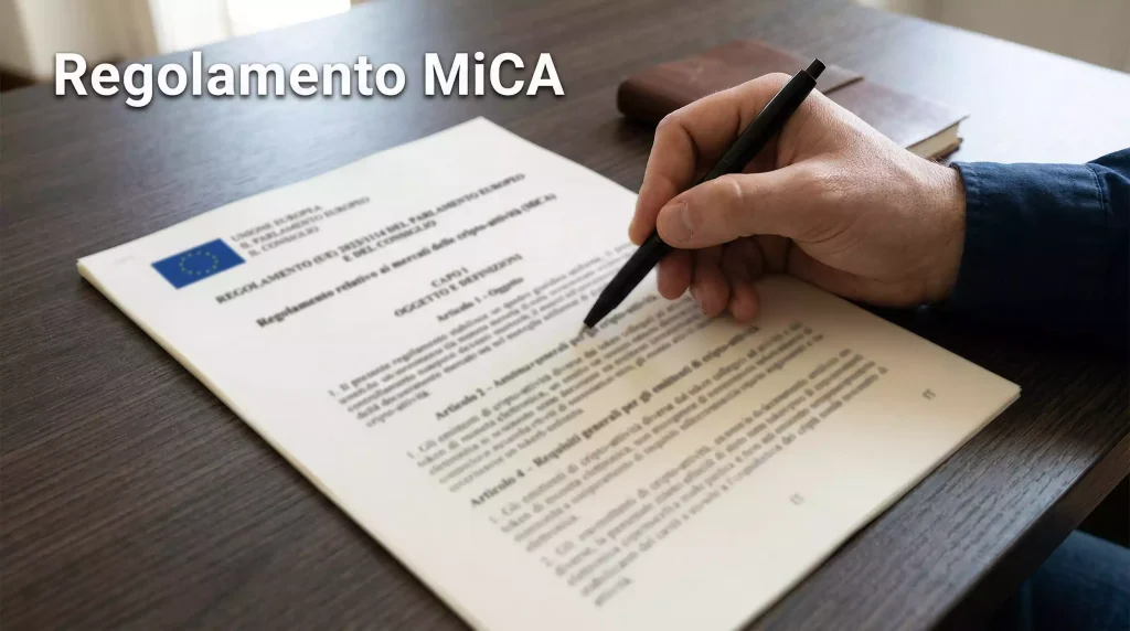 Regolamento MiCA e scommesse crypto: documento ufficiale europeo con bandiera UE