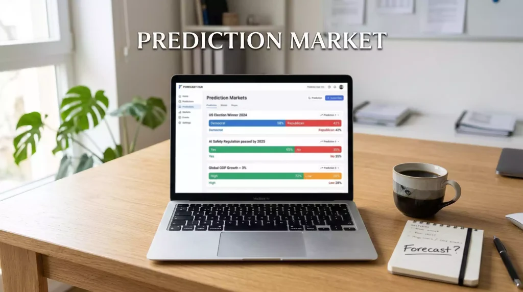 Prediction market crypto: schermata con mercati di previsione e percentuali