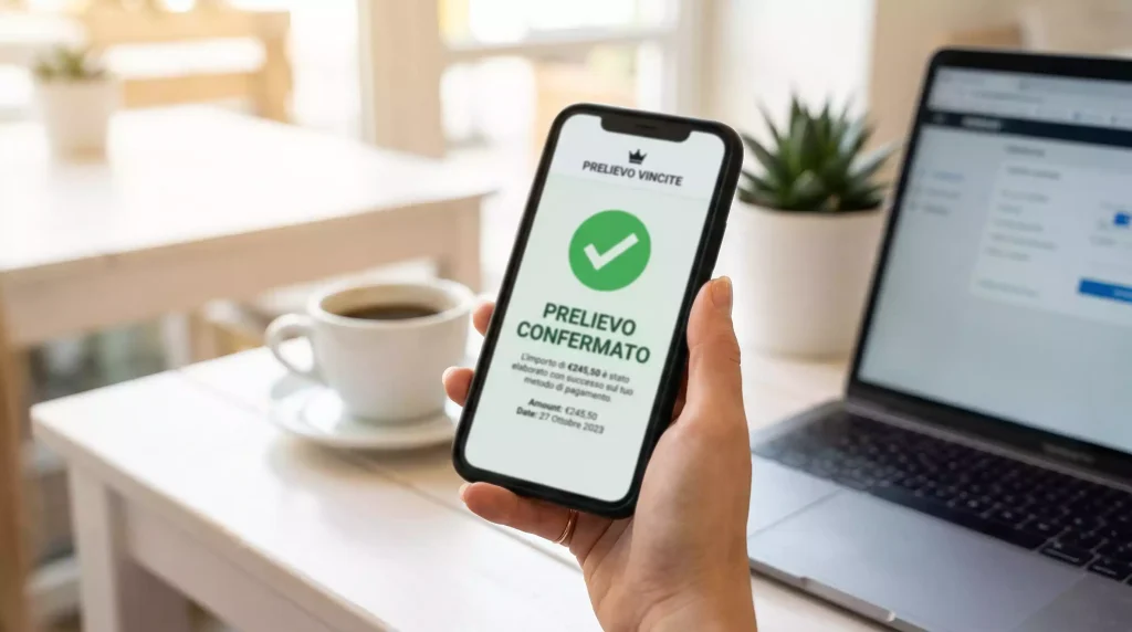 Prelievo vincite in Bitcoin: mano che tiene smartphone con conferma trasferimento