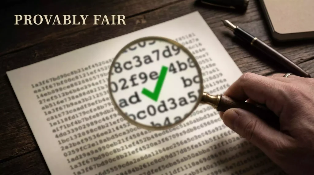 Provably fair: lente di ingrandimento su codice hash con segno di spunta