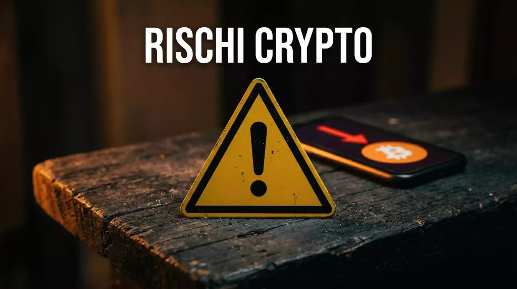 Rischi scommesse crypto: segnale di avvertimento con simbolo Bitcoin e grafico in discesa