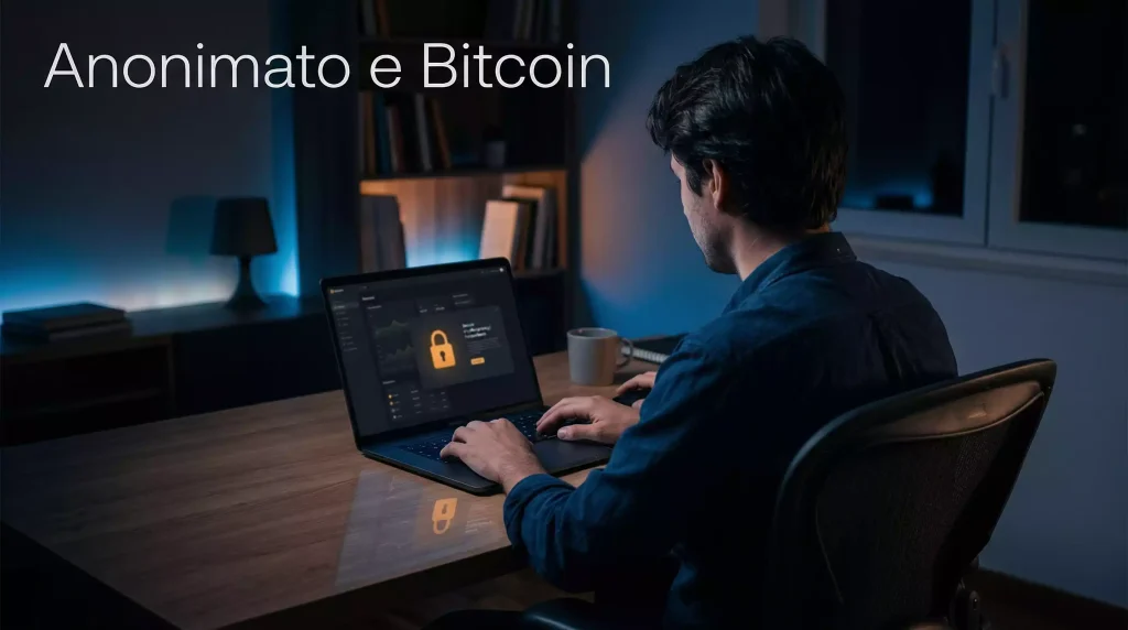Scommesse anonime Bitcoin: persona al computer con schermo offuscato e lucchetto