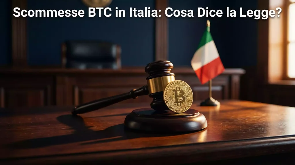 Scommesse Bitcoin legali in Italia: martello del giudice accanto a moneta BTC e bandiera italiana