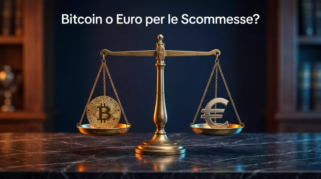 Confronto scommesse Bitcoin contro Euro: simbolo BTC e simbolo € su una bilancia
