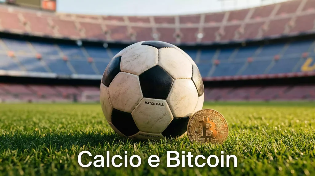 Scommesse calcio con Bitcoin: campo da calcio in erba con pallone e simbolo BTC