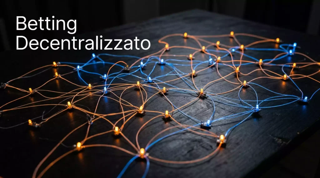 Scommesse decentralizzate: rete blockchain con nodi collegati e smart contract