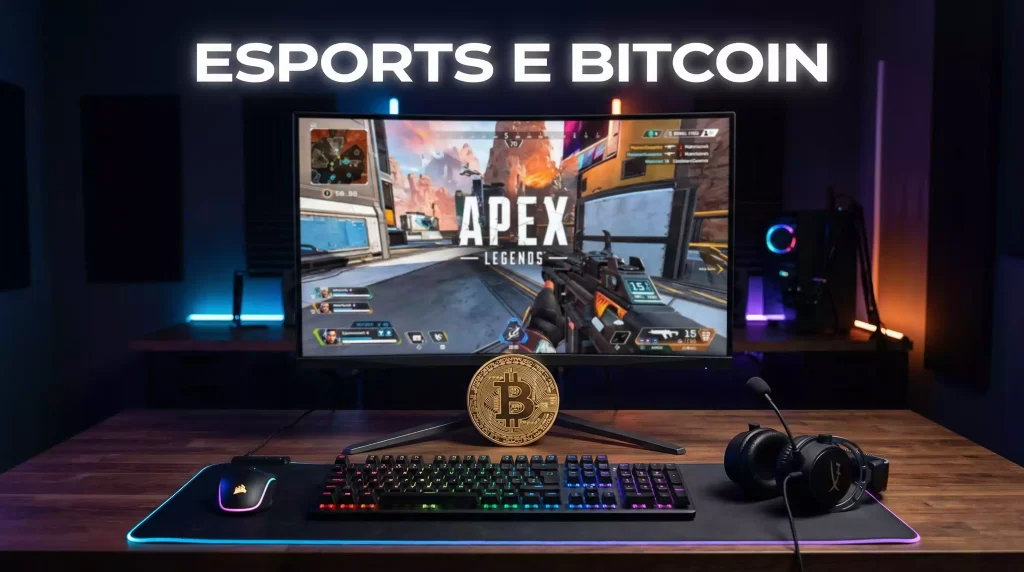 Scommesse eSports con Bitcoin: postazione gaming con monitor e cuffie professionali