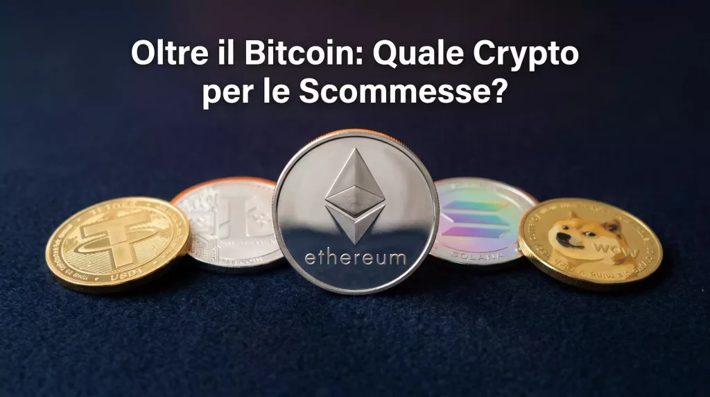 Scommesse con Ethereum e criptovalute alternative: monete ETH, USDT e Litecoin su tavolo da gioco