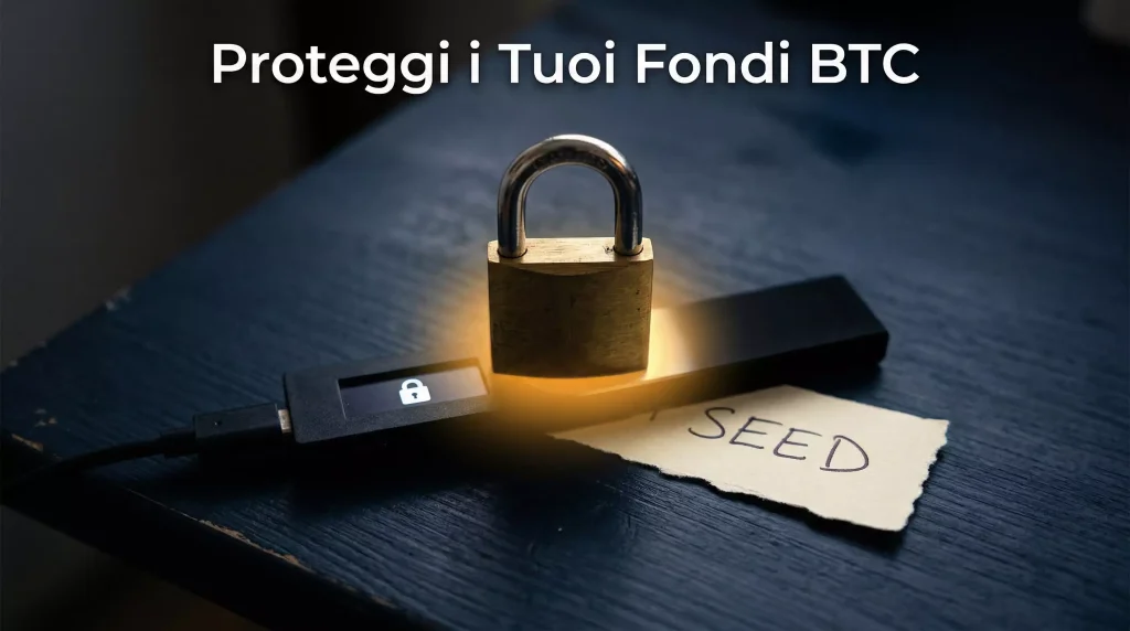 Sicurezza wallet per scommesse Bitcoin: lucchetto chiuso su portafoglio hardware con simbolo BTC
