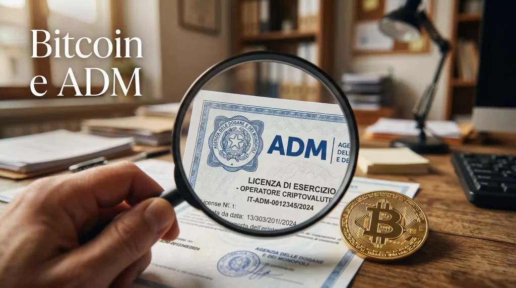 Siti scommesse Bitcoin ADM: logo istituzionale con punto interrogativo e simbolo BTC