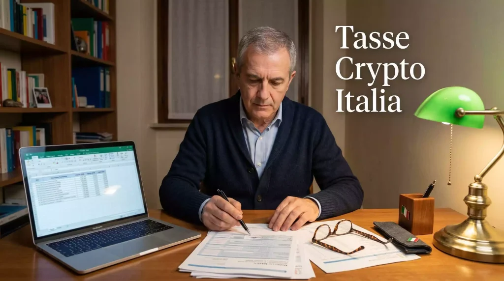 Tassazione vincite Bitcoin Italia: persona che compila documenti fiscali alla scrivania
